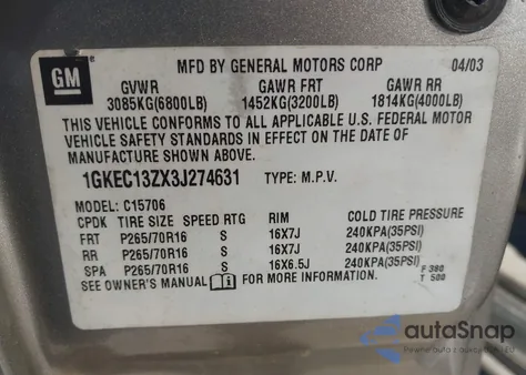 2003 GMC Yukon Slt z USA, uszkodzony, nr VIN 1GKEC13ZX3J274631